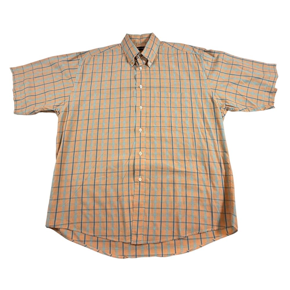Gitman Bros. Short Sleeve Button Down Shirt Orange Blue Plaid Men’s Sz Lg